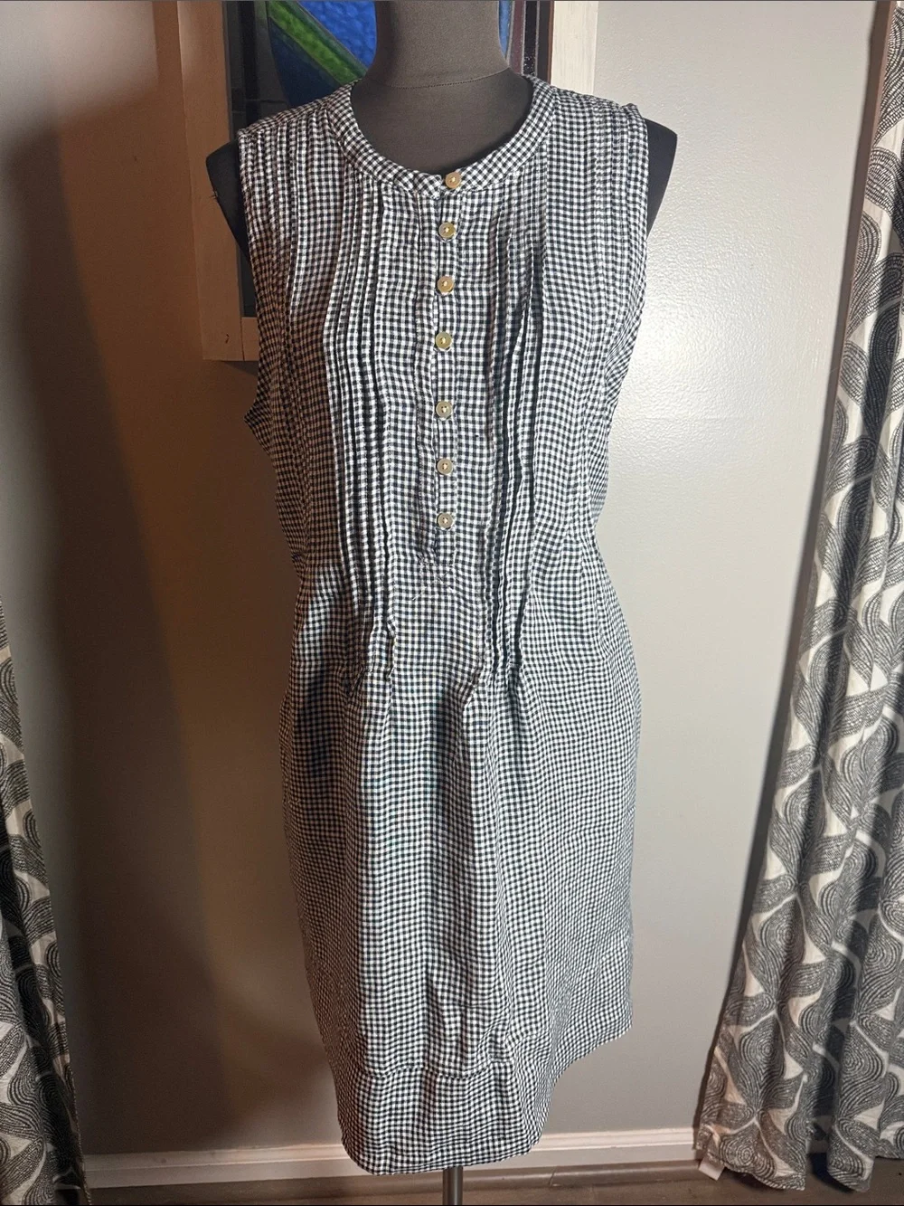 Quince Navy & White Gingham European Linen Sleeveless Swing Dress XL